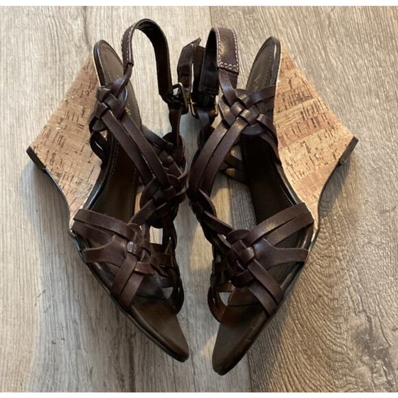 Lauren Ralph Lauren Brown Woven Leather Cork Wedge Sandal Size 8.5 Boho Western - Picture 3 of 7